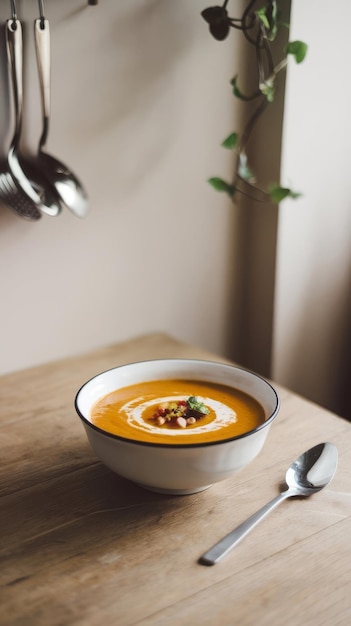 Šálka polievky na stole